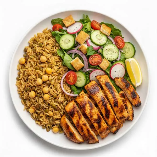 Chicken Al Fahm Fattoush Bowl With Chickpeas and Lentil Rice